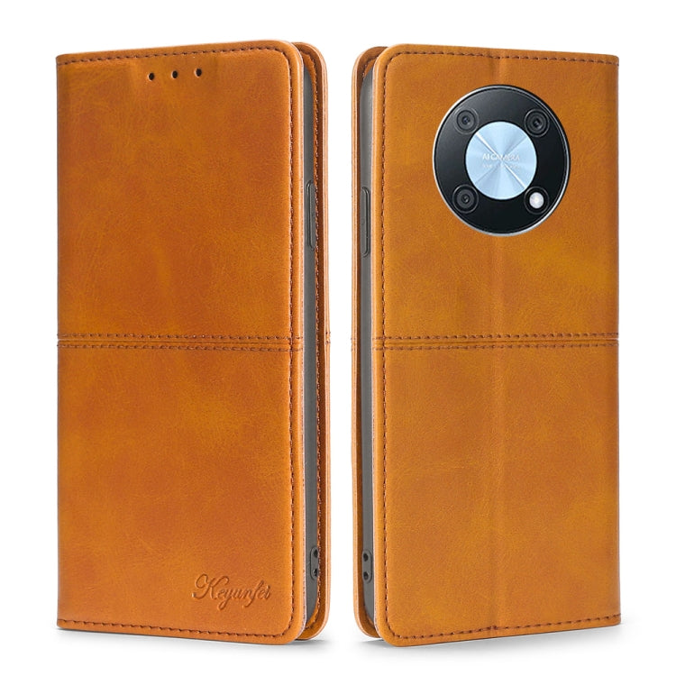 Orange leather magnetic flip phone case with circular camera module cutout and card slots