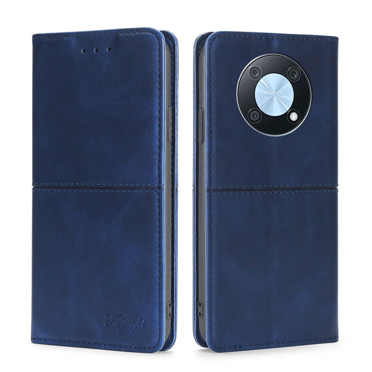 Blue leather magnetic flip phone case with circular camera module cutout and card slots