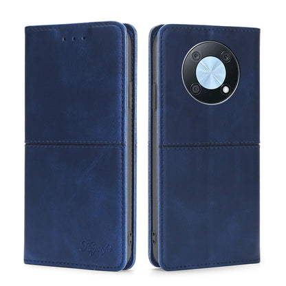 Blue leather magnetic flip phone case with circular camera module cutout and card slots