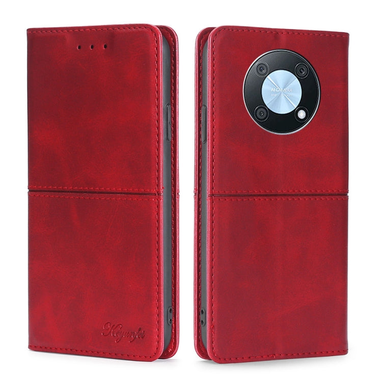 Red leather magnetic flip phone case with circular camera module cutout and card slots