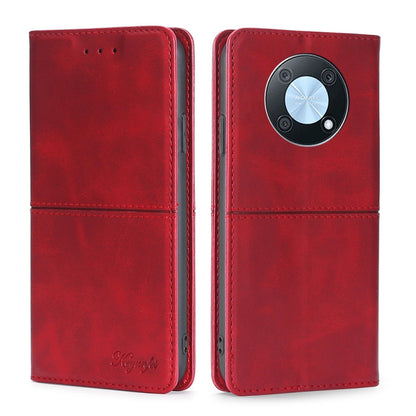 Red leather magnetic flip phone case with circular camera module cutout and card slots