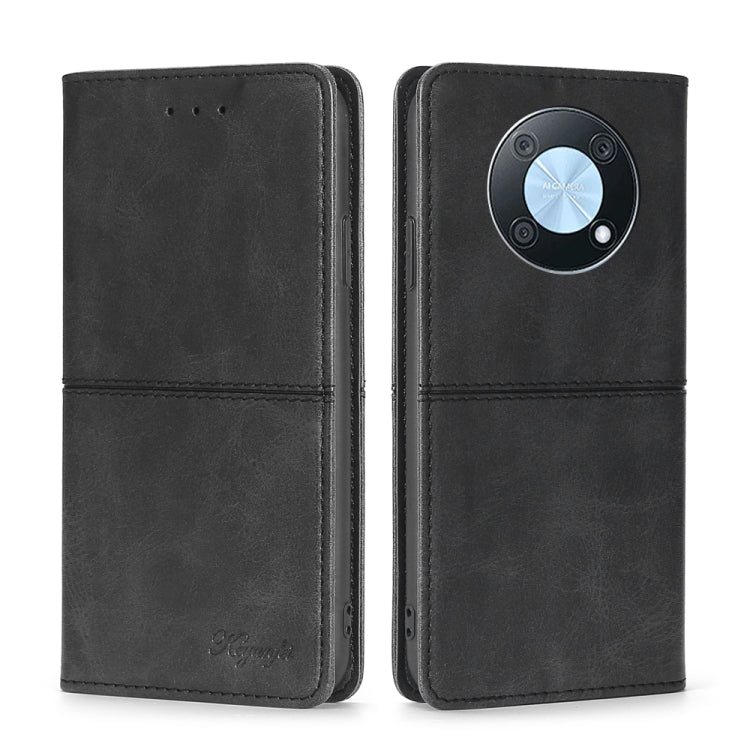 Dark black leather flip phone case with magnetic closure and camera cutout
