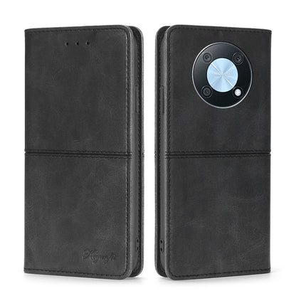 Dark black leather flip phone case with magnetic closure and camera cutout
