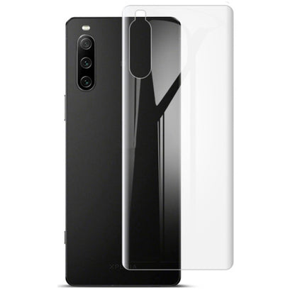 Clear hydrogel film phone back protector on black Xperia-style phone