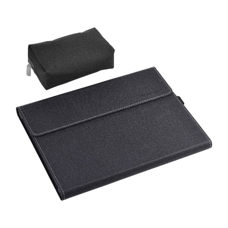 Tablet PC case with power pack, black fabric folio with front flap and top pouch