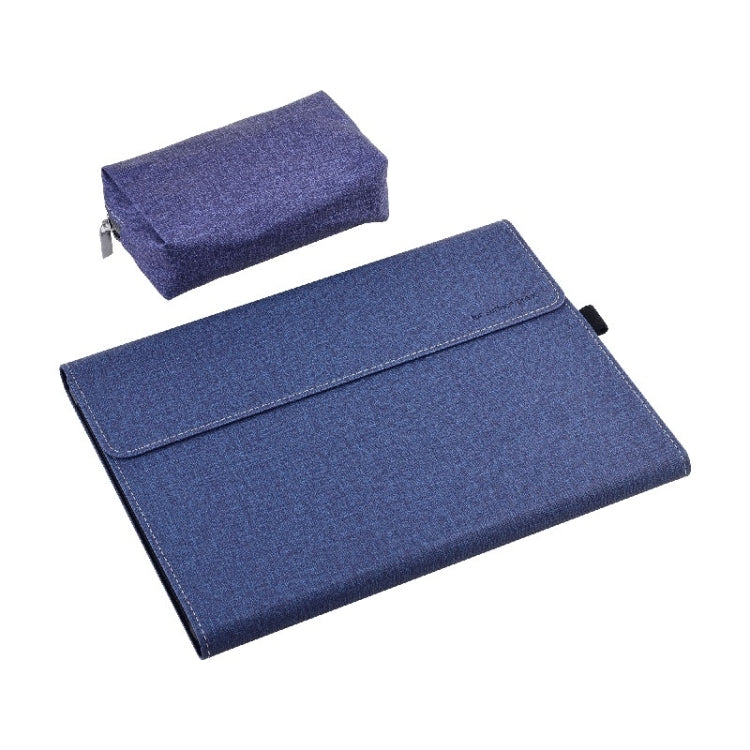 Tablet PC case with power pack, dark blue fabric folio with front flap and top pouch
