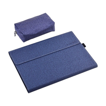 Tablet PC case with power pack, dark blue fabric folio with front flap and top pouch