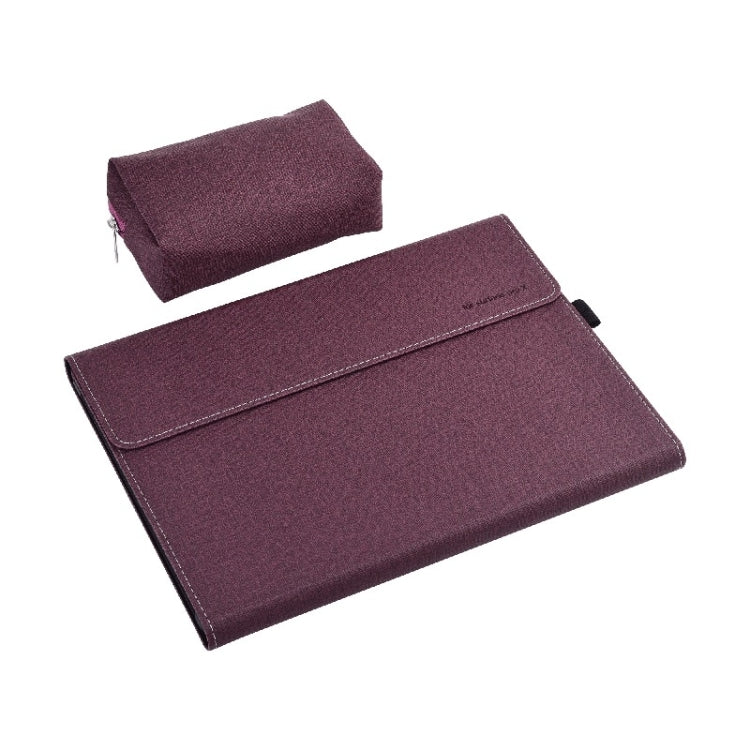 Tablet PC case with power pack, wine red fabric folio with front flap and top pouch