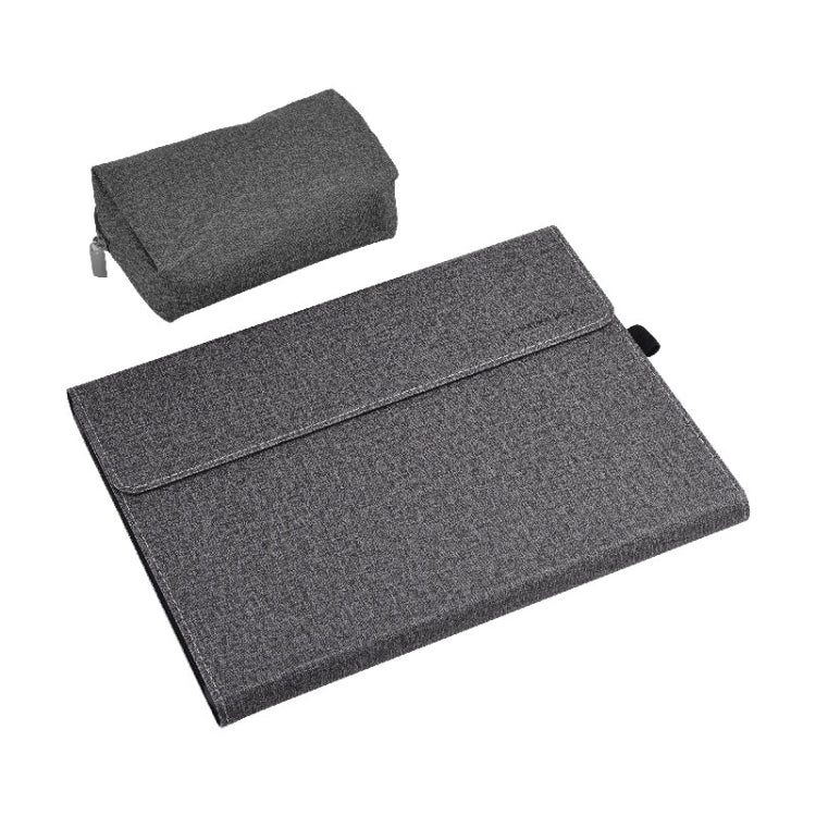 Tablet PC case with power pack, light gray fabric folio with front flap and top pouch