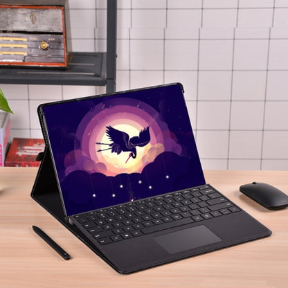 Black tablet PC case open with stand supporting a Surface Pro on keyboard