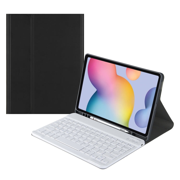 Bluetooth keyboard tablet case with fold stand and dark black cover, full-size keys.