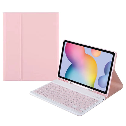 Bluetooth keyboard tablet case with fold stand and pink cover, full-size keys.