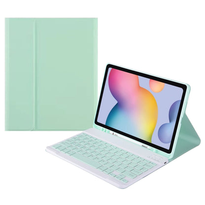 Bluetooth keyboard tablet case with fold stand and mint green cover, full-size keys.