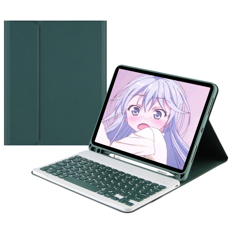 Bluetooth keyboard tablet case with fold stand and dark green cover, full-size keys.
