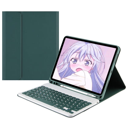 Bluetooth keyboard tablet case with fold stand and dark green cover, full-size keys.