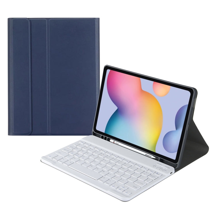 Bluetooth keyboard tablet case with fold stand and dark blue cover, full-size keys.
