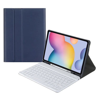Bluetooth keyboard tablet case with fold stand and dark blue cover, full-size keys.