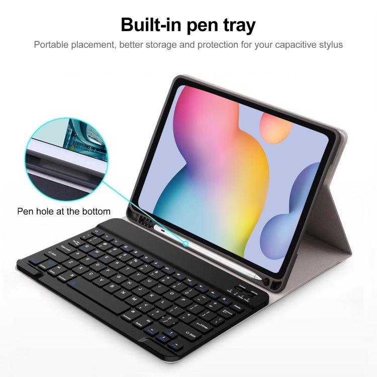 Black tablet keyboard case with built-in pen slot and folio stand