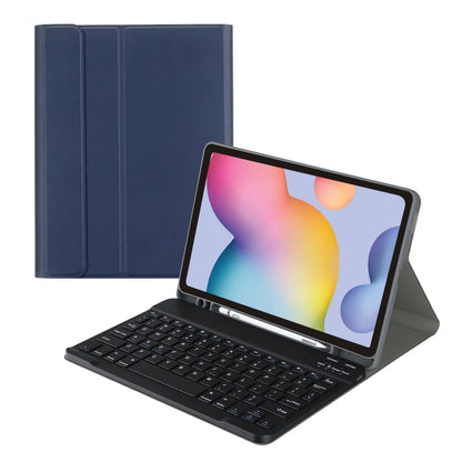 Bluetooth keyboard tablet case with fold stand and dark blue cover, full-size keys.