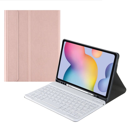 Bluetooth keyboard tablet case with fold stand and light rose cover, full-size keys.