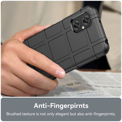 Black rugged TPU phone case held in hand with two camera cutouts and textured back