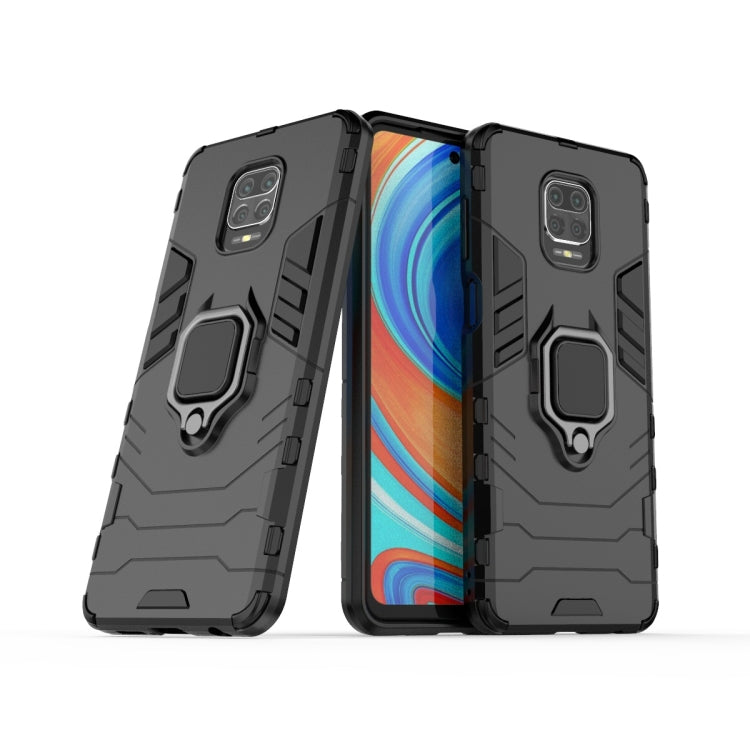 Black shockproof phone case, shown front and back with magnetic ring holder
