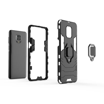Black shockproof phone case with magnetic ring holder, shown open and separated