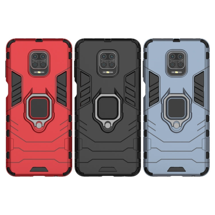 Shockproof phone cases in red, black, and light blue, each with magnetic ring holder