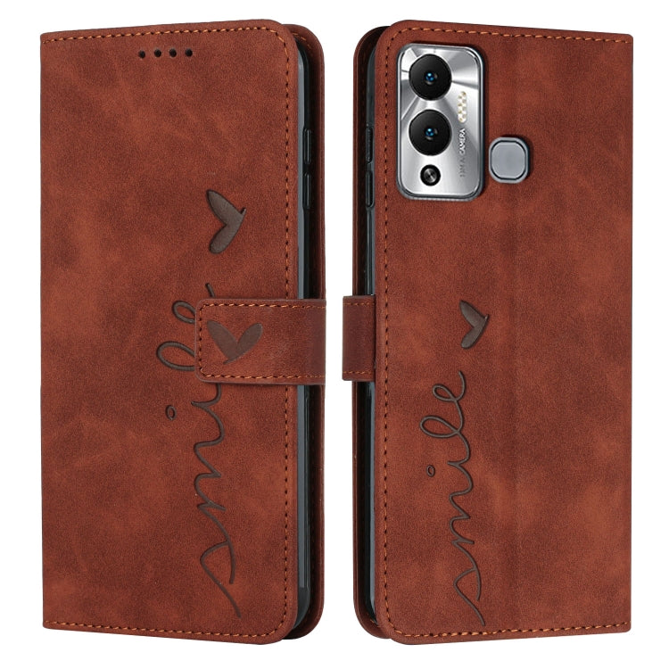 Brown leather flip phone case with heart pattern and card holder strap detail