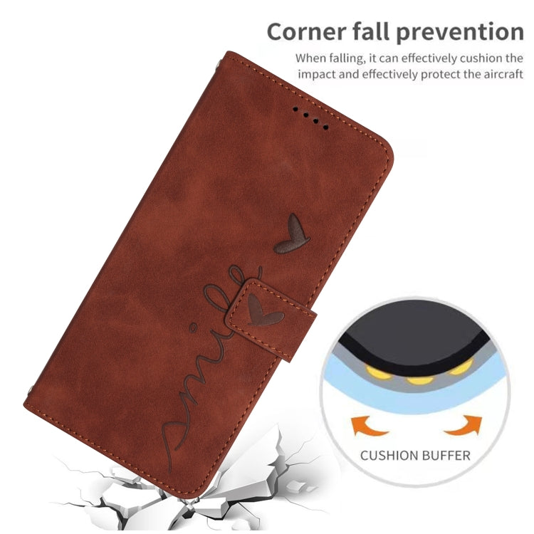 Brown leather flip phone case with heart pattern and reinforced corner protection