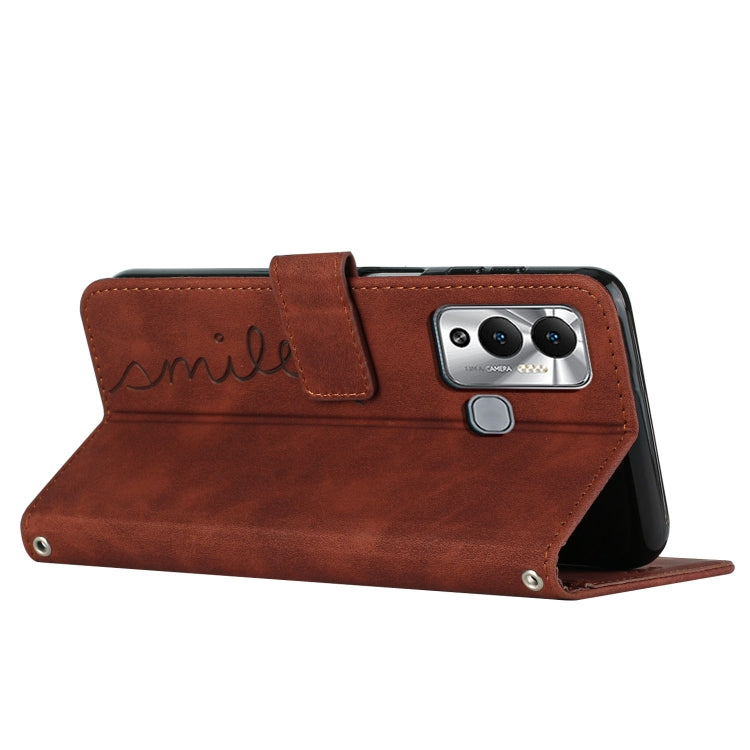 Brown leather folio phone case with heart pattern and side camera cutout