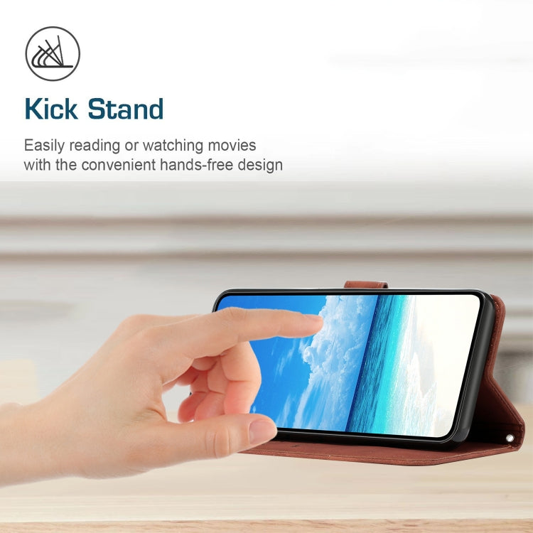 Brown leather flip phone case with heart pattern and fold-out kickstand