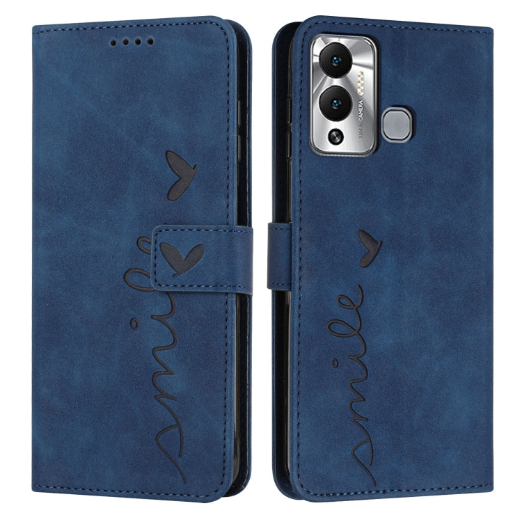 Blue leather flip phone case with heart pattern and folio card holder