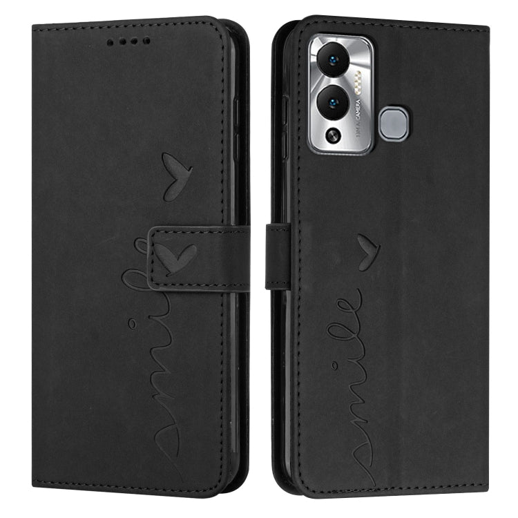 Black leather flip phone case with heart pattern and card holder strap detail
