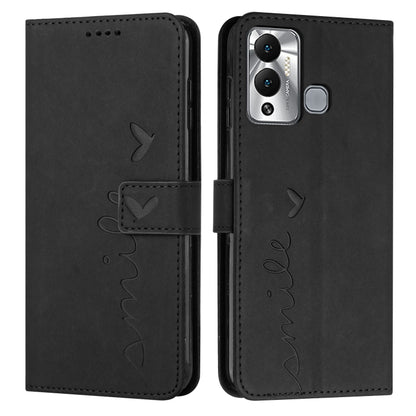 Black leather flip phone case with heart pattern and card holder strap detail