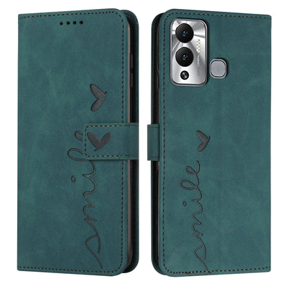 Teal leather-style phone wallet case with heart script pattern, flap with stitching and cutouts