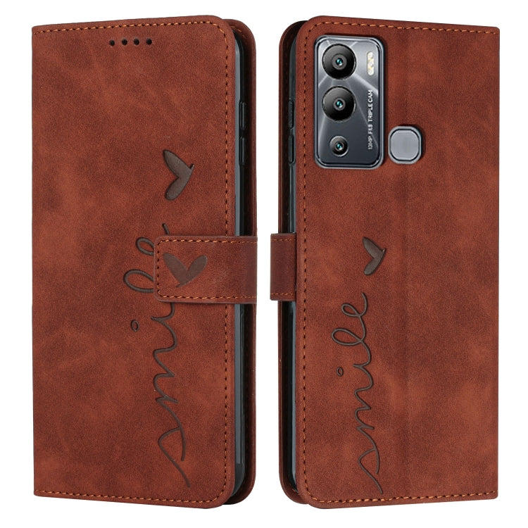 Brown leather flip phone case with heart pattern and side camera opening