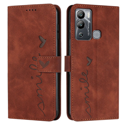 Brown leather flip phone case with heart pattern and side camera opening