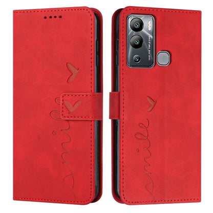 Red leather-style phone wallet case with heart script pattern, flap with stitching and cutouts