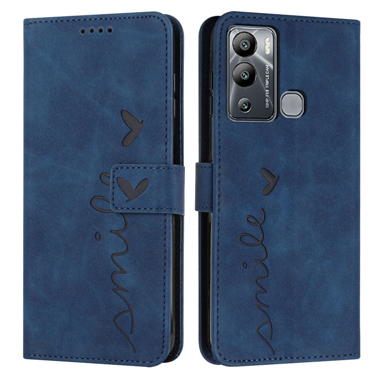 Blue leather-style phone wallet case with heart script pattern, flap with stitching and cutouts
