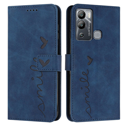 Blue leather-style phone wallet case with heart script pattern, flap with stitching and cutouts
