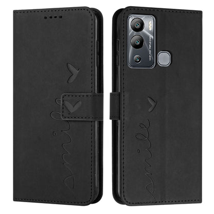 Black leather-style phone wallet case with heart script pattern, flap with stitching and cutouts
