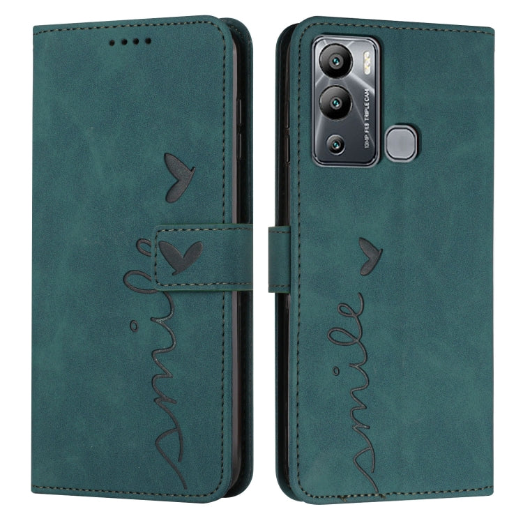 Teal leather-style phone wallet case with heart script pattern and phone camera cutout