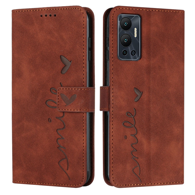 Brown leather-style phone wallet case with heart script pattern, flap with stitching and cutouts