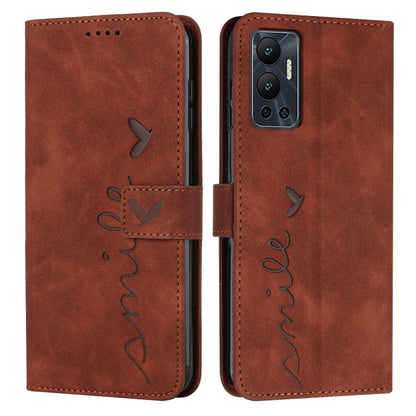 Brown leather-style phone wallet case with heart script pattern, flap with stitching and cutouts