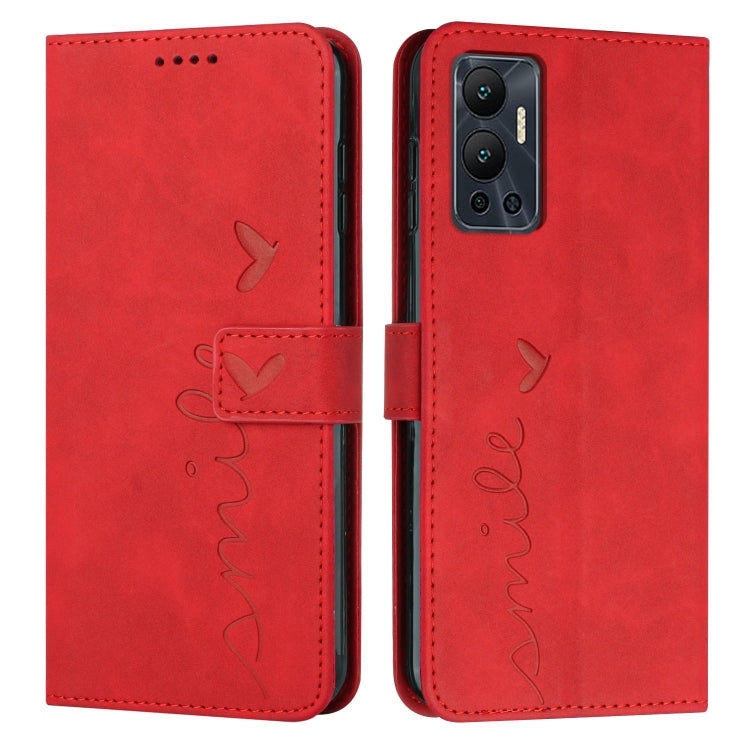 Red leather-style phone wallet case with heart script pattern and phone camera cutout