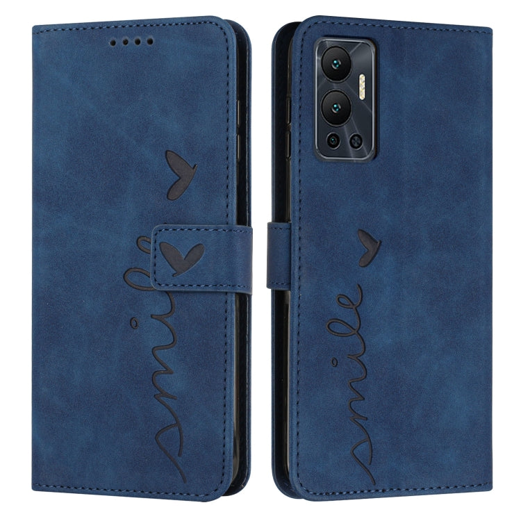 Blue leather-style phone wallet case with heart script pattern and phone camera cutout