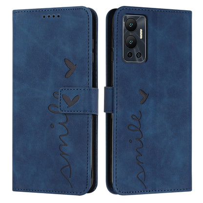 Blue leather-style phone wallet case with heart script pattern and phone camera cutout