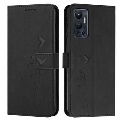 Black leather-style phone wallet case with heart script pattern and phone camera cutout