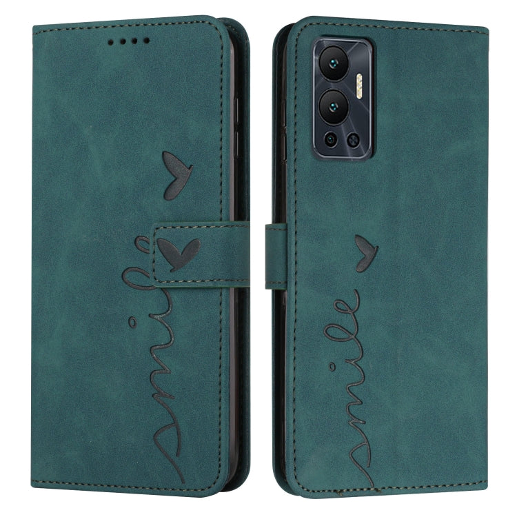 Teal leather phone case with heart pattern, flip cover and cutouts for camera and buttons